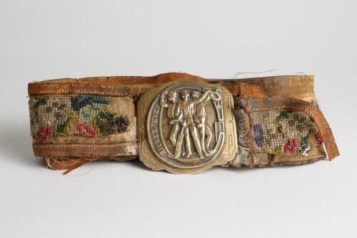 &lsquo;Cricket For Ever&rsquo;. Early and complete beaded and embroidered belt with excellent oval and almost square shaped brass belt buckle with raised design depicting a trio of cricketers raising their caps, and grouped within the enlarged initial &ldquo;C&rdquo; for cricket