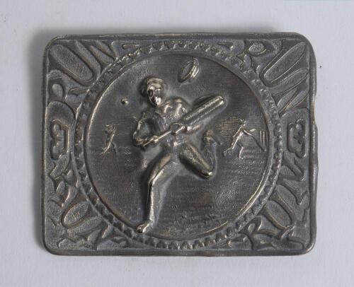 &lsquo;Run&rsquo;. Early Victorian embossed oblong brass belt buckle, with clasp and flat hook to back, depicting to centre a batsman running between the wickets and losing his boater/hat, fielder, the other batsman and ball to background. To all four corners of buck