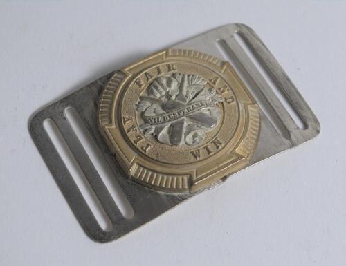 &lsquo;Fair Play and Win&rsquo;. Early and exquisite Victorian silver and brass square belt buckle, with clasps to both sides, the centre showing crossed bats. ball, a hand and cricket belt with the Latin phrase &lsquo;Nil desperandum&rsquo; (never dispair), to outside border th