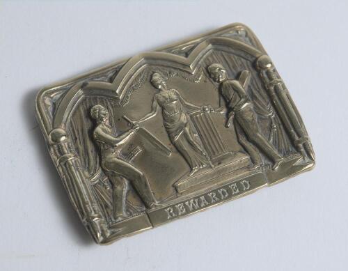&lsquo;Rewarded&rsquo;. Early and exquisite Victorian embossed oblong brass belt buckle, with clasp and flat hook to back, depicting a Greek goddess presenting a bat and a ball to cricketers to the left and right of her with title below circa 1860/70&rsquo;s. Decorative th
