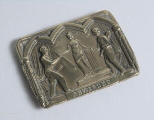 &lsquo;Rewarded&rsquo;. Early and exquisite Victorian embossed oblong brass belt buckle, with clasp and flat hook to back, depicting a Greek goddess presenting a bat and a ball to cricketers to the left and right of her with title below circa 1860/70&rsquo;s. Decorative th