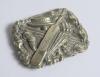 &lsquo;W.H. Fry&rsquo;. Early and exquisite Victorian embossed oblong brass belt buckle, with clasp and flat hook to back, depicting a cricket bat, boater, gloves, pads, stumps, cricket ball and boot with initial&rsquo;s engraved to the bat. Decorative floral borders. Appr