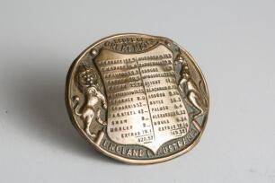&lsquo;Scores of Great Match. England v Australia 1880&rsquo;. First Test Match in England. England v. Australia 1880. Rare and early oval brass belt buckle, with clasp and flat hook to back with impressed image of the players names and their individual scores in the