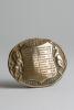 &lsquo;Scores of Great Match. England v Australia 1880&rsquo;. First Test Match in England. England v. Australia 1880. Rare and early oval brass belt buckle, with clasp and flat hook to back with impressed image of the players names and their individual scores in the - 2