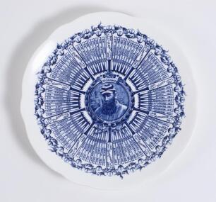 William Gilbert Grace. Original Coalport porcelain plate commemorating W.G. Grace&rsquo;s Century Of Centuries 1895, decorated in blue with central portrait of Grace and dates of each individual century and who scored against radiating out from the centre with 