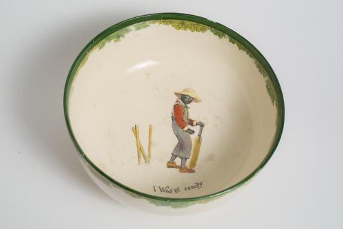 &lsquo;I was&rsquo;nt Ready&rsquo;. A large Royal Doulton &lsquo;Black Boy&rsquo; bone china tall sided bowl, entitled &lsquo;I was&rsquo;nt ready&rsquo; printed inside the bowl with a boy in red shirt, yellow waistcoat and a floppy hat looking glum with his wicket broken behind him. Green floral decor