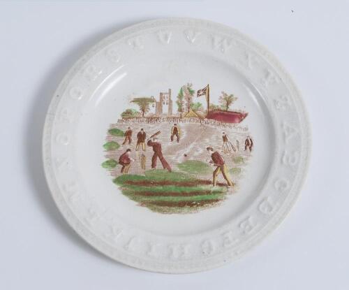 Alphabet cricket plate. 19th Century earthenware circular &lsquo;Alphabet&rsquo; child&rsquo;s plate with cricket scene to centre, transfer printed in various colours within the letters of the alphabet to rim. 7.5&rdquo; diameter. Very minor hairline to the back edge of the plat