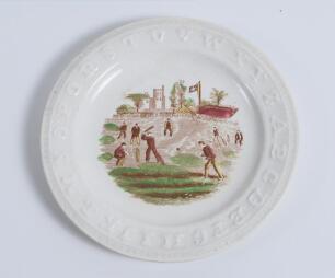 Alphabet cricket plate. 19th Century earthenware circular &lsquo;Alphabet&rsquo; child&rsquo;s plate with cricket scene to centre, transfer printed in various colours within the letters of the alphabet to rim. 7.5&rdquo; diameter. Very minor hairline to the back edge of the plat