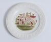 Alphabet cricket plate. 19th Century earthenware circular &lsquo;Alphabet&rsquo; child&rsquo;s plate with cricket scene to centre, transfer printed in various colours within the letters of the alphabet to rim. 7.5&rdquo; diameter. Very minor hairline to the back edge of the plat