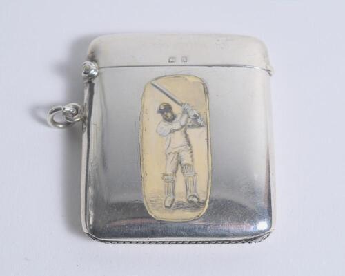 Victorian cricket vesta case. Attractive silver rounded oblong vesta case decorated with an enamel figure of a batsman, wearing a cap, playing a shot. Approximately 2.25&rdquo;x1.75&rdquo;. Hallmarked Birmingham 1915. Makers mark for Arthur S. Zimmerman of Birmingham