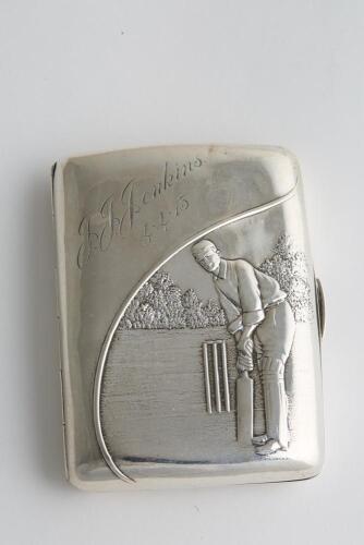 Victorian cricket vesta case. Large and highly attractive silver rounded oblong cigarette case, decorated in relief with a figure of a batsman, wearing a cap, standing in batting stance at the wicket with trees to background. Inscribed &lsquo;J.J. Jenkins 4.4. 