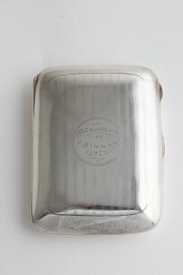 Kumar Shri Duleepsinhji. Sussex & England 1924-1932. Silver cigarette case, with gold inlay, presented by Duleepsinhji to &lsquo;Billy&rsquo;, William. A. Woof his former coach at Cheltenham College. The cigarette box with machine tooled decoration engraved in a circ