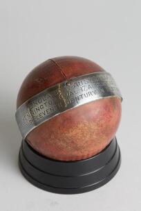 John Berry &lsquo;Jack&rsquo; Hobbs. Surrey & England 1905-1934. &lsquo;England v Australia. Jack Hobbs 100 runs. Eleventh Test century 1926&rsquo;. Cricket ball presented to Jack Hobbs with silver band around the ball with the inscription &lsquo;England v Australia. Kennington Oval, 