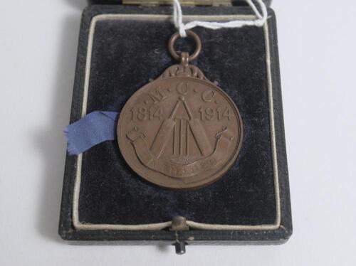 Arthur Fielder. Kent & England 1900-1914. M.C.C. Centenary 1814-1914. Original medal presented to Humphries to mark 100 years of the third Lord&rsquo;s Cricket Ground. The bronze metal medal with &lsquo;M.C.C. 1814-1914, with cricket bat and stump decoration&rsquo; and bel