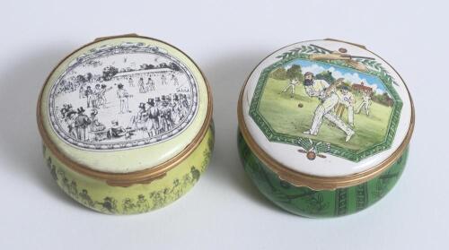 &lsquo;Cricket at Lord&rsquo;s&rsquo;. Halcyon Days circular enamelled pill box. The lid with an early cricket scene at Lord&rsquo;s, the hinged lid revealing title &lsquo;Cricket at Lord&rsquo;s in the early 19th century&rsquo; and small image of a cricketer in top hat. The outer decorated with 