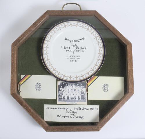 John Kent &lsquo;Jack&rsquo; Nye. Sussex 1934-1947. One-off dinner plate with inscription to centre &lsquo;Merry Christmas Jack. Best Wishes D.C.S. Compton & J.A. Young, M.C.C. Touring Team 1948-49&rsquo;. The plate, by unknown maker, with gilt lustre to edge and floral decorati