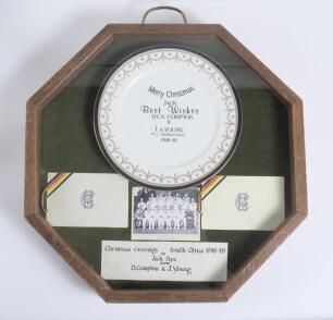 John Kent &lsquo;Jack&rsquo; Nye. Sussex 1934-1947. One-off dinner plate with inscription to centre &lsquo;Merry Christmas Jack. Best Wishes D.C.S. Compton & J.A. Young, M.C.C. Touring Team 1948-49&rsquo;. The plate, by unknown maker, with gilt lustre to edge and floral decorati