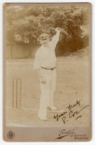 George Rubens Cox (Snr). Sussex 1895-1928. Excellent sepia cabinet card photograph of Cox, full length, wearing cricket attire and Sussex cap and in bowling pose at the wicket. Nicely signed by Cox in ink to image &lsquo;Yours truly, G.R. Cox&rsquo;. Cabinet card by 