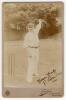 George Rubens Cox (Snr). Sussex 1895-1928. Excellent sepia cabinet card photograph of Cox, full length, wearing cricket attire and Sussex cap and in bowling pose at the wicket. Nicely signed by Cox in ink to image &lsquo;Yours truly, G.R. Cox&rsquo;. Cabinet card by 
