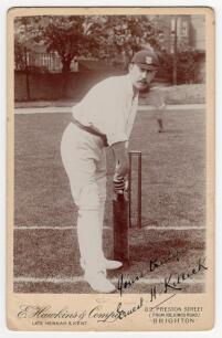 Ernest Harry Killick. Sussex 1893-1913. Excellent sepia cabinet card photograph of Killick, full length, wearing cricket attire and Sussex cap and in batting pose at the wicket. Nicely signed by Killick in ink to image &lsquo;Yours truly, Ernest H. Killick&rsquo;. Ca