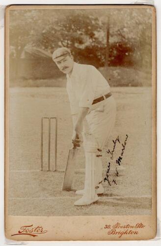 Frank William Marlow. Sussex 1891-1904. Excellent sepia cabinet card photograph of Marlow, full length, wearing cricket attire and Sussex cap and in batting pose at the wicket. Nicely signed by Marlow in ink to image &lsquo;Yours truly, F.W. Marlow&rsquo;. Cabinet ca