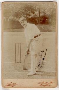 Frank William Marlow. Sussex 1891-1904. Excellent sepia cabinet card photograph of Marlow, full length, wearing cricket attire and Sussex cap and in batting pose at the wicket. Nicely signed by Marlow in ink to image &lsquo;Yours truly, F.W. Marlow&rsquo;. Cabinet ca