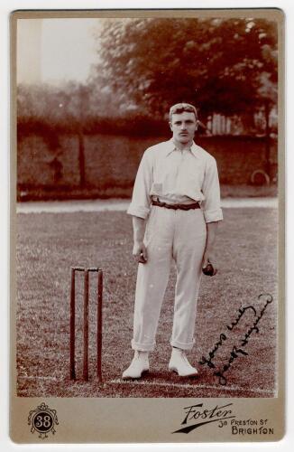 John Seymour. Sussex and Northamptonshire 1904-1919. Excellent sepia cabinet card photograph of Seymour, full length, wearing cricket attire and in bowling pose holding a ball at the wicket. Nicely signed in ink by Seymour to image &lsquo;Yours truly, John Seym