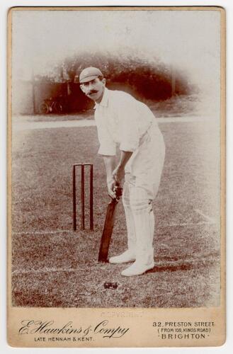 Robert Richard Relf. Sussex 1905-1924. Excellent sepia cabinet card photograph of Relf, full length in Sussex cap, in batting pose at the wicket Cabinet card by E. Hawkins of Brighton and measures 4.25&rdquo;x6.5&rdquo;. Good/very good condition
