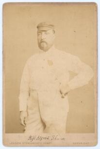 Alfred Shaw. Nottinghamshire, Sussex & England 1864-1897. Early original sepia cabinet card studio photograph of Shaw, three quarter length wearing cricket attire and cap. Handwritten name in ink to lower margin, &lsquo;Alfred Shaw&rsquo;. The photograph by the Londo