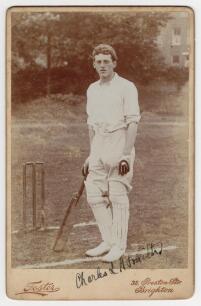 Charles Lawrence Arthur Smith. Sussex 1898-1911. Excellent sepia cabinet card photograph of Smith, full length in cricket attire at the wicket in batting pose. Signed in black ink by Smith. Cabinet card by Foster of Brighton and measures 4.25&rdquo;x6.5&rdquo;. Odd m