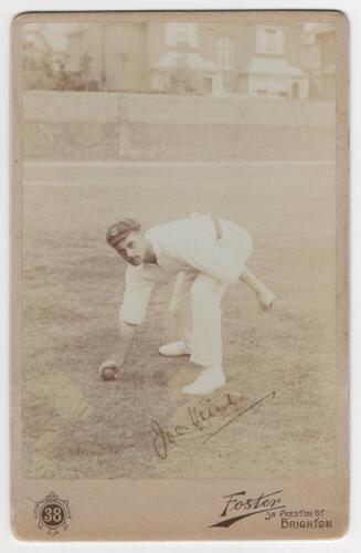 Joseph &lsquo;Joe&rsquo; Vine. Sussex, London County & England 1896-1922. Excellent sepia cabinet card photograph of Vine, full length in cricket attire and wearing Sussex cap in fielding pose. Signed in black ink by Vine. Cabinet card by Foster of Brighton and measu