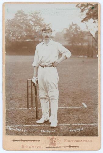Edward Mark Sprot. Hampshire 1898-1914. Original sepia cabinet card photograph of Sprot, full length in batting attire and Hampshire cap, stood at the wicket. Name printed to lower edge of photograph. E. Hawkins & Co. of Brighton. Card measures 4.25&rdquo;x6.25
