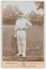 Edward Mark Sprot. Hampshire 1898-1914. Original sepia cabinet card photograph of Sprot, full length in batting attire and Hampshire cap, stood at the wicket. Name printed to lower edge of photograph. E. Hawkins & Co. of Brighton. Card measures 4.25&rdquo;x6.25