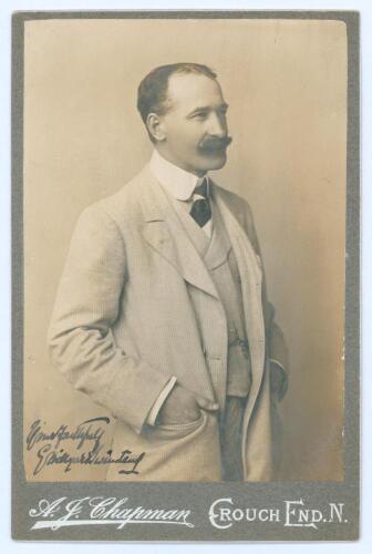 George Hillyard Swinstead. Artist, cricketer and writer. Excellent original sepia cabinet card photograph of Swinstead, three quarter length wearing suit and tie. Nicely signed in black ink to the lower left corner of the photograph &lsquo;Yours faithfully, G. 