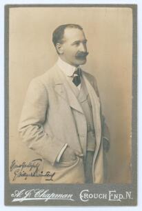George Hillyard Swinstead. Artist, cricketer and writer. Excellent original sepia cabinet card photograph of Swinstead, three quarter length wearing suit and tie. Nicely signed in black ink to the lower left corner of the photograph &lsquo;Yours faithfully, G. 