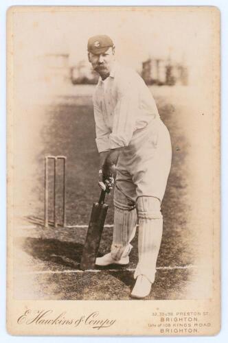 Sir Kingsmill James Key. Surrey & Oxford University 1882-1904. Excellent original sepia cabinet card photograph of Key, full length in batting pose at the wicket, wearing Surrey cap. The photograph by E.Hawkins & Co., Brighton, measures 4.25&rdquo;x6.5&rdquo;. Minor 