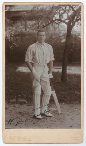 Warren Bardsley. New South Wales & Australia 1903-1927. Excellent extra large sepia &lsquo;Imperial&rsquo; size cabinet card of Bardsley standing full length wearing batting attire and leaning on his bat. Very nicely signed in black ink to the photograph &lsquo;Yours very 