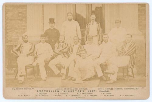 &lsquo;The Australian Cricketers 1882&rsquo;. Original cabinet card photograph of twelve members of the Australian touring party seated and standing in rows wearing caps and blazers. Printed title &lsquo;The Australian Cricketers 1886&rsquo; and players names printed to lower bo