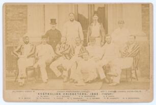 &lsquo;The Australian Cricketers 1882&rsquo;. Original cabinet card photograph of twelve members of the Australian touring party seated and standing in rows wearing caps and blazers. Printed title &lsquo;The Australian Cricketers 1886&rsquo; and players names printed to lower bo