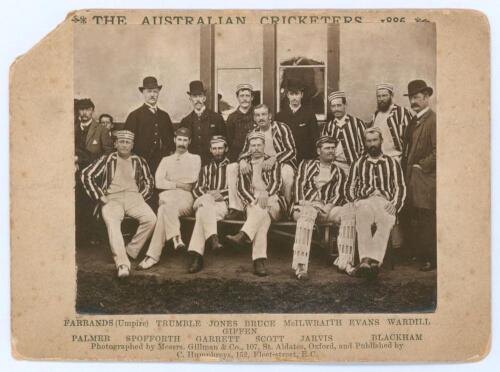 &lsquo;The Australian Cricketers 1886&rsquo;. Original cabinet card photograph of the team that toured England in 1886. The players seated and standing in rows wearing caps and blazers, with printed title &lsquo;The Australian Cricketers 1886&rsquo; to top and players names to l