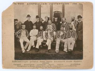 &lsquo;The Australian Cricketers 1886&rsquo;. Original cabinet card photograph of the team that toured England in 1886. The players seated and standing in rows wearing caps and blazers, with printed title &lsquo;The Australian Cricketers 1886&rsquo; to top and players names to l