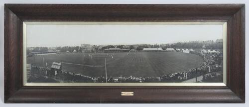 Australian tour to England 1909. Large original panoramic mono photograph of a view of the tour match, Sussex v Australians at Hove, 26th- 28th August 1909. The photograph depicts the match in progress with large crowds in attendance, the church and town 