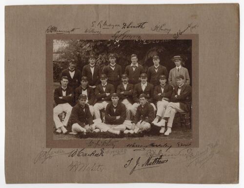 Australian tour of England &lsquo;Triangular Test Tournament&rsquo; 1912. Excellent fully signed sepia photograph of the Australian touring party 1912. The photograph, by Thomas Bolland, laid down to official photographers mount and is signed by all fifteen players i