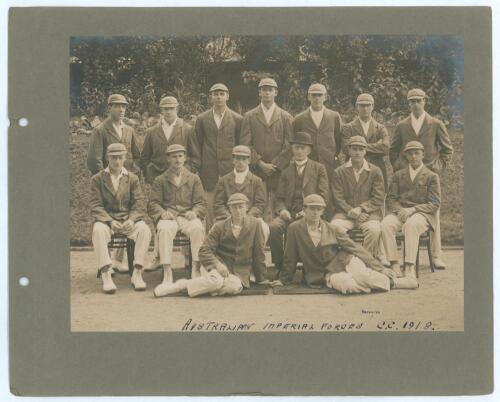 Australian Imperial Forces (A.I.F.) Cricket Team in England 1918 (1919). Original sepia photograph of the A.I.F. team seated and standing in rows wearing cricket attire, caps and blazers. Handwritten title in ink to lower edge of the photograph, &lsquo;Australi