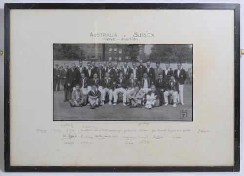 &lsquo;Australia v Sussex. Hove- Aug 1934&rsquo;. Very large original mono photograph of the two teams and officials seated and standing in rows wearing cricket attire and blazers for the tour match played at Hove, 25th- 28th August 1934. The photograph, by E.W. Pann