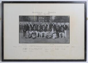 &lsquo;Australia v Sussex. Hove- Aug 1934&rsquo;. Very large original mono photograph of the two teams and officials seated and standing in rows wearing cricket attire and blazers for the tour match played at Hove, 25th- 28th August 1934. The photograph, by E.W. Pann