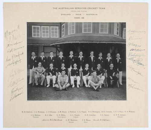 Australian Services tour to England 1945. Rare signed original mono photograph of the players and officials of the Australian Services touring party seated and standing in rows, the players wearing cricket attire and tour blazers. The photograph laid to m