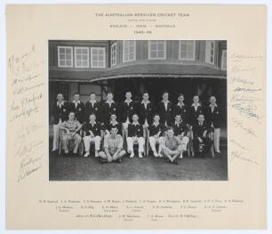 Australian Services tour to England 1945. Rare signed original mono photograph of the players and officials of the Australian Services touring party seated and standing in rows, the players wearing cricket attire and tour blazers. The photograph laid to m