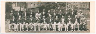 &lsquo;Australians v Sussex 1948&rsquo;. Large original mono photograph of the two teams seated and standing in rows wearing cricket attire and blazers for the tour match played at Hove, 5th- 7th June 1948. The photograph signed in ink by ten members of the Sussex te