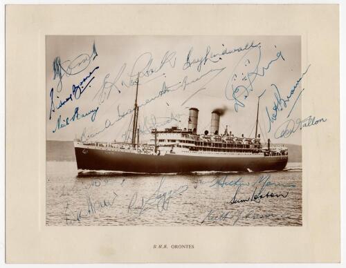 Australian tour of England 1948. Official Orient Line &lsquo;R.M.S. Orontes&rsquo; photograph of the ship which brought the Australian team to England in 1948. The photograph laid down to official mount with printed title below. Nicely signed to photograph in ink by 